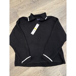 NWT Joseph A. Waffle Polo Sweater Women's Size Med Light Weight Black